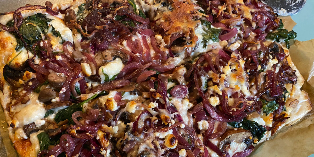 Feta Caramelized Onion Spinach Pizza - Namaste Recipes